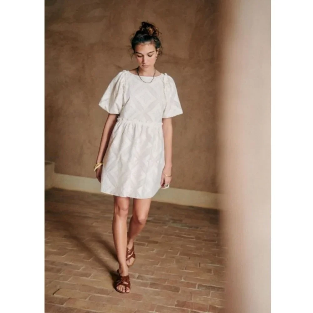 Sézane Livy Dress Parisian Ecru Off White Mix Woven Lace Short Puff Sleeve Mini - Picture 14 of 15